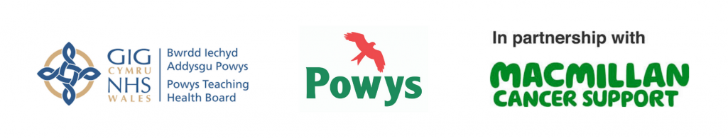 Logos for Powys Teaching Health Board, Powys County Council and Macmillan Cancer Support
